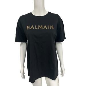 BALMAIN Black Cotton Printed Logo Accent Short Sleeve T-Shirt Size 14a